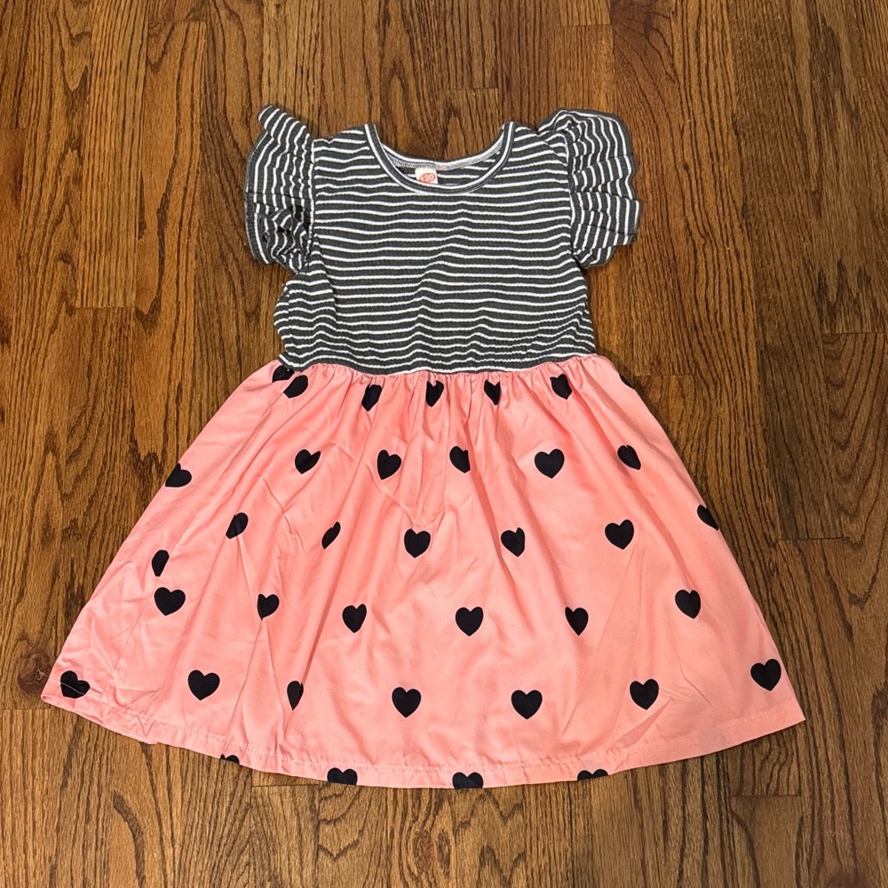 Girls Size ~6 Heart Dress Pink Black Stripe Top Valentine Spring Church Outfit
